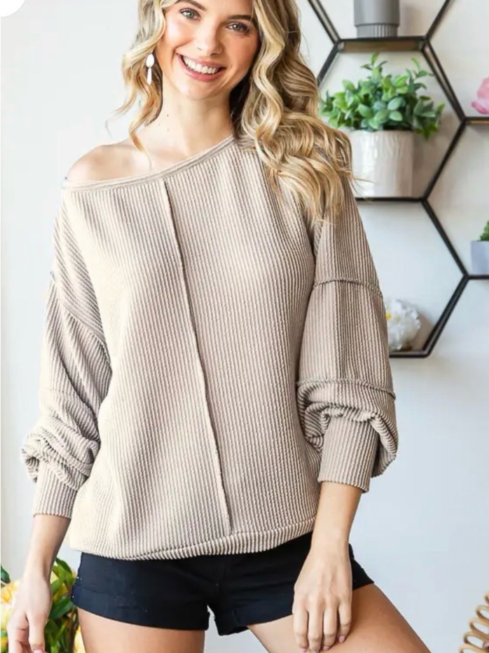 7th Ray Beige Off-the-Shoulder Ribbed Sweater
